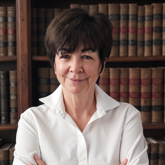 Marion Mortimer in a white shirt stands confidently in front of a wall of bookshelves filled with various books.